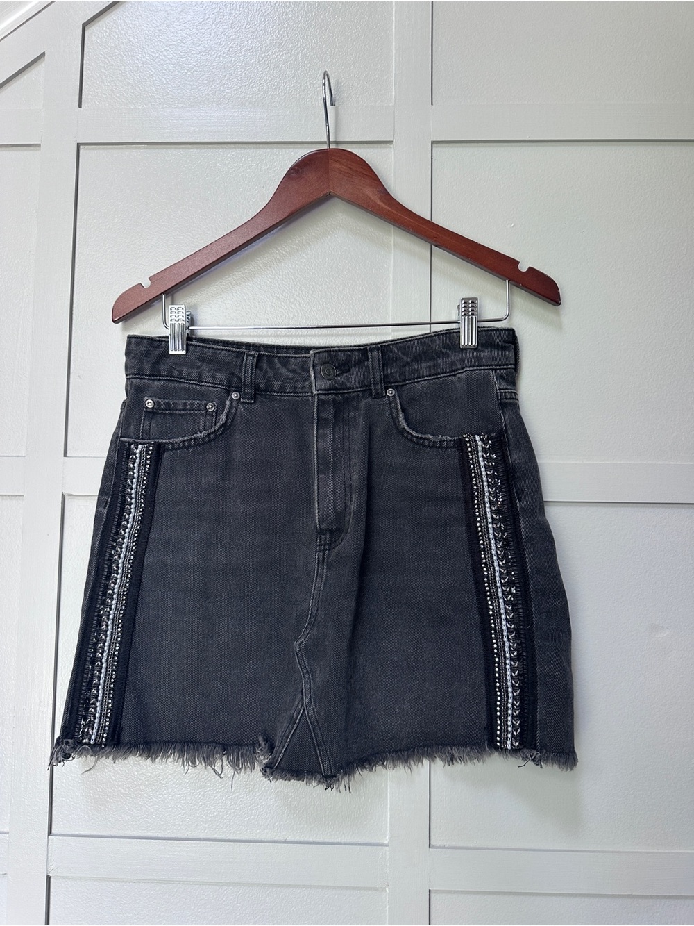 Free People Black Denim Mini Skirt with Frayed Hem size 6